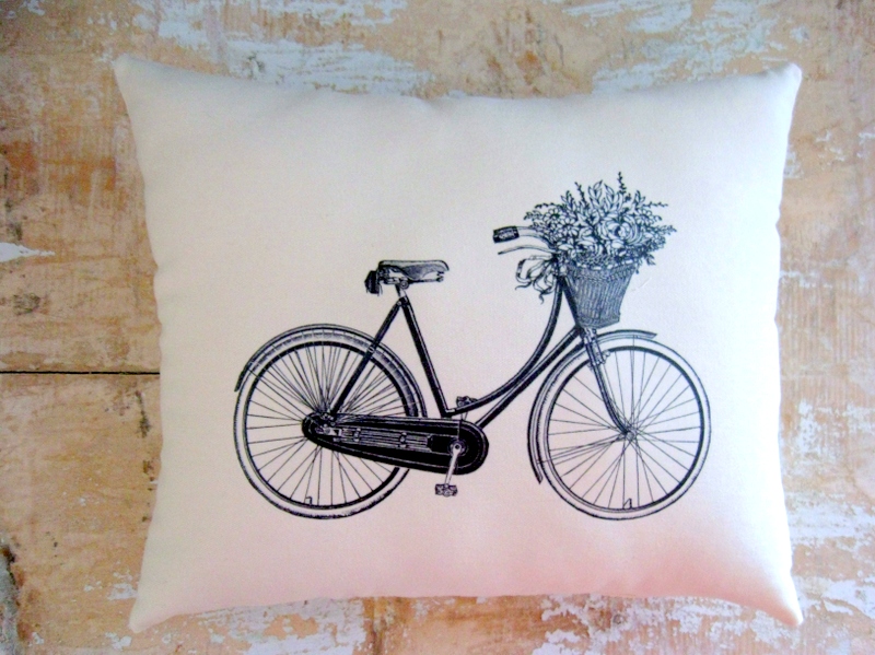 Bicycle Pillow, Vintage Bicycle, Flower Basket, French Country Home, French Decor, Cottage Decor