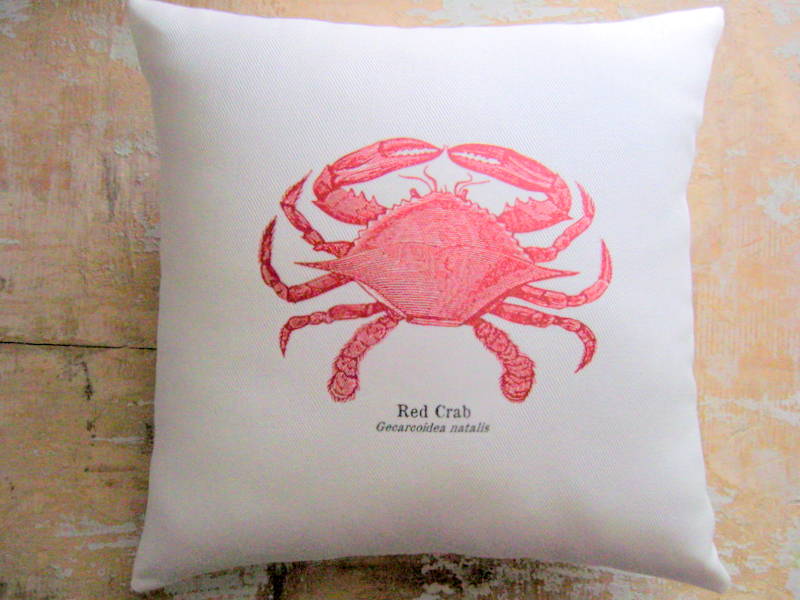Beach Pillow, Red Crab, Nautical, Ocean, Cottage Decor, Beach Decor
